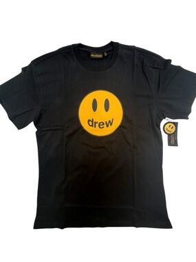 drew house Black Tee with Yellow Smiley Chest Logo